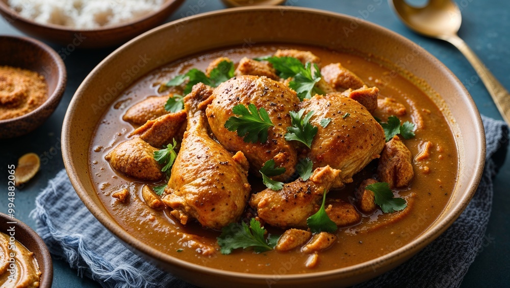 Malian tigad egu ena peanut butter stew with chicken closeup Malian tigad egu ena peanut butter stew with chicken closeup