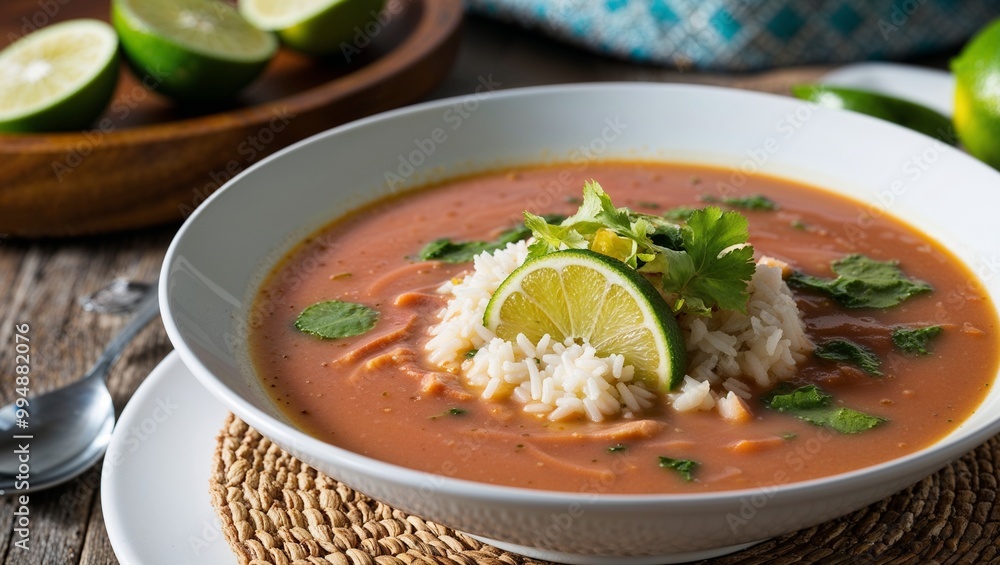 Maldivian garudhiya tuna soup with lime and rice closeup Maldivian garudhiya tuna soup with lime and rice closeup