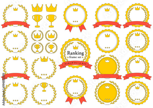 ランキングにまつわる月桂樹や王冠のフレームイラストのセット_線画
