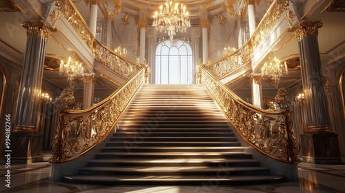 Elegant Royal Staircase with Golden Balustrades - Made with Generative AI