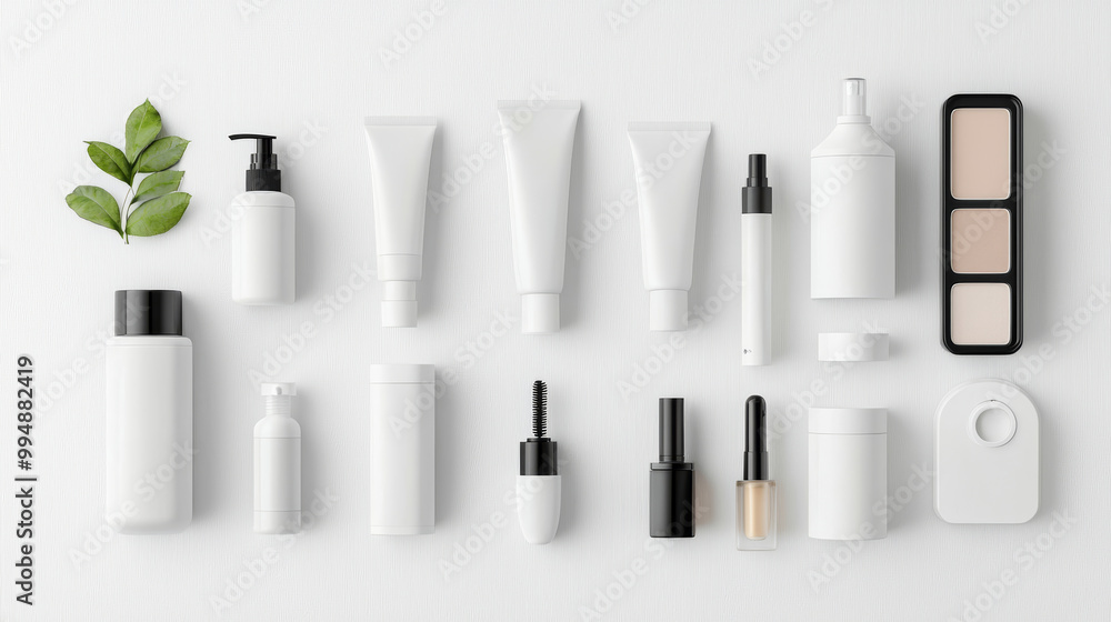 A minimalistic arrangement of white skincare and cosmetic containers featuring tubes, bottles, and a small green plant, showcasing beauty products.