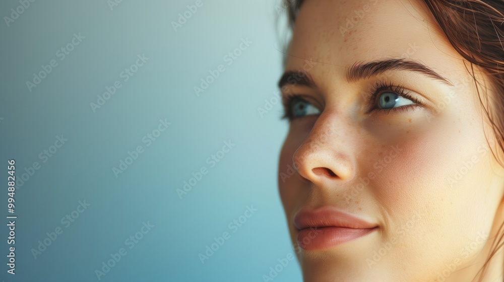Close-Up of Woman with Freckles and Blue Eyes Looking Upward Against Blue Gradient Background Close-Up of Woman with Freckles and Blue Eyes Looking Upward Against Blue Gradient Background