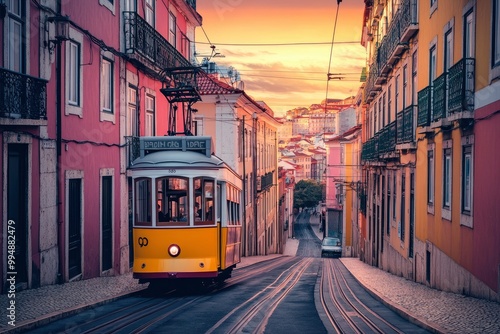 Explore the vibrant charm of Lisbon, Portugal, through this stunning photograph. The image captures the iconic cityscape of Lisbon, with its colorful buildings, historic trams, generative ai