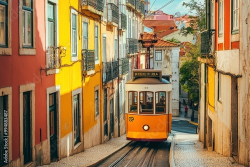 Explore the vibrant charm of Lisbon, Portugal, through this stunning photograph. The image captures the iconic cityscape of Lisbon, with its colorful buildings, historic trams, generative ai
