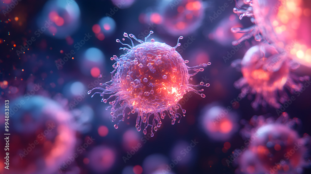 A close up of a pink cell with a red nucleus A close up of a pink cell with a red nucleus