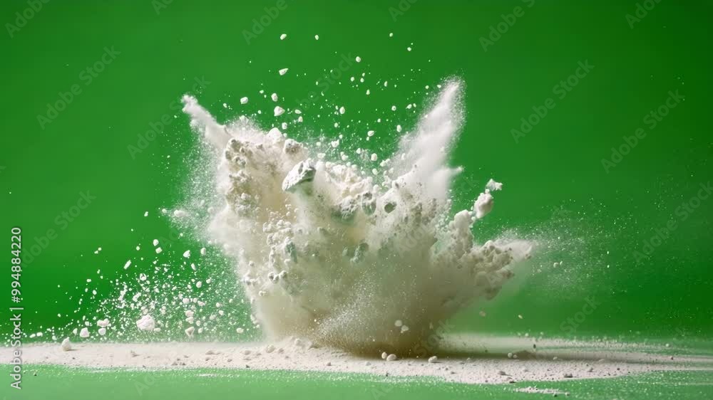 Cloud of white powder exploding on a green screen, perfect for compositing in post production. This dynamic image captures the energy and movement of a sudden burst
