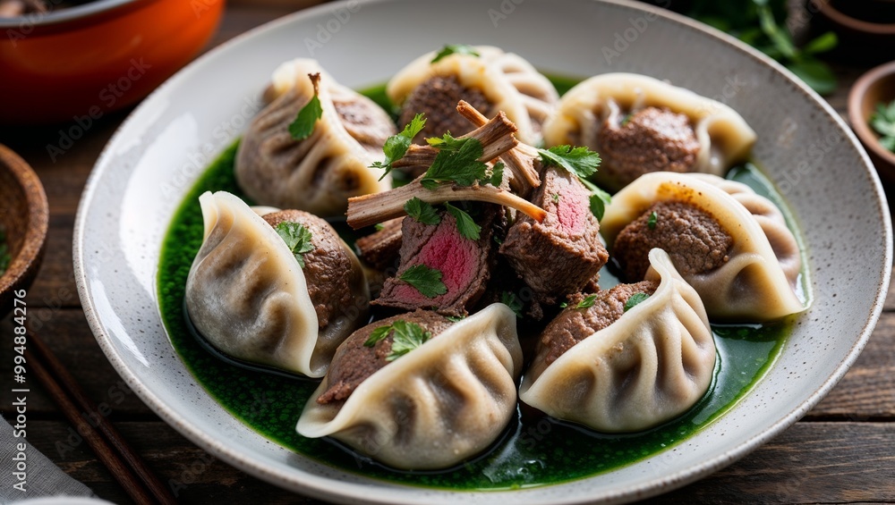 Turkmen manty steamed dumplings with lamb closeup Turkmen manty steamed dumplings with lamb closeup