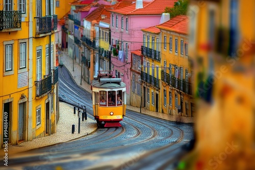 Explore the vibrant charm of Lisbon, Portugal, through this stunning photograph. The image captures the iconic cityscape of Lisbon, with its colorful buildings, historic trams, generative ai