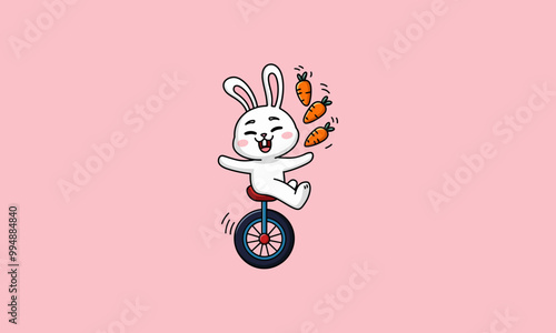 Happy bunny juggling carrots while riding a unicycle
