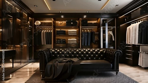 Luxurious Walk-in Closet with Black Leather Sofa and Marble Flooring