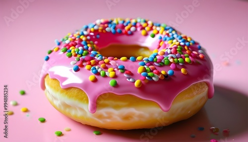 Vibrant pink glazed donut adorned with a rainbow of colorful sprinkles