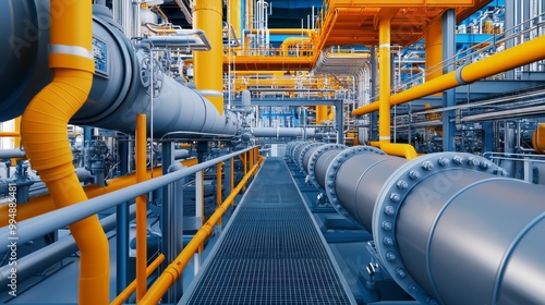 A vibrant industrial scene featuring interconnected pipes and machinery, emphasizing a modern facility's structure and engineering. photo