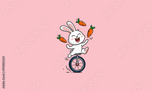 Happy bunny juggling carrots while riding a unicycle