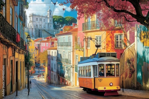 Explore the vibrant charm of Lisbon, Portugal, through this stunning photograph. The image captures the iconic cityscape of Lisbon, with its colorful buildings, historic trams, generative ai