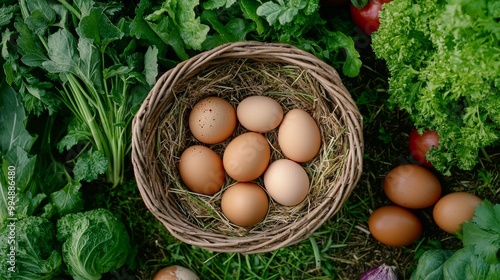 A rustic basket filled with brown eggs sits nestled among fresh greens and vegetables, showcasing a vibrant farm-to-table aesthetic. photo