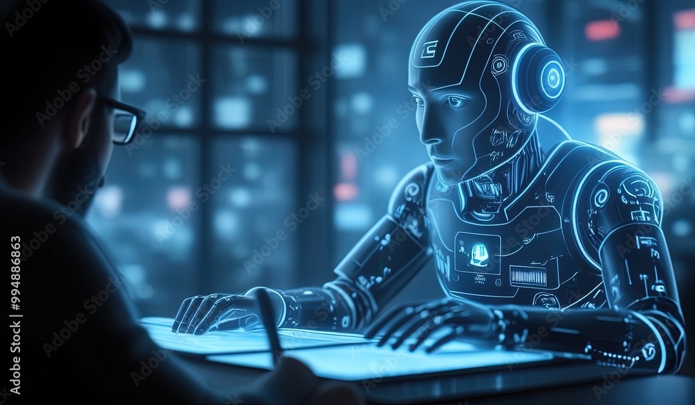 Chat with AI or Artificial Intelligence technology. Man touching chatting virtual with an intelligent artificial intelligence asks for answers he wants. Smart assistant futuristic, Chatbot, ChatGPT Chat with AI or Artificial Intelligence technology. Man touching chatting virtual with an intelligent artificial intelligence asks for answers he wants. Smart assistant futuristic, Chatbot, ChatGPT