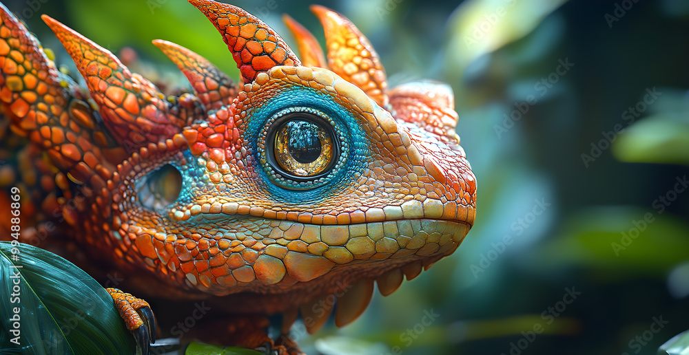 Obraz premium A colorful lizard with a blue eye stares at the camera