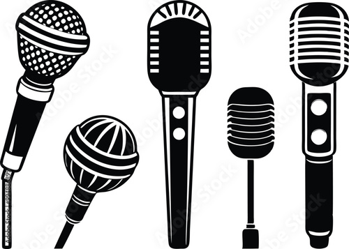 Set of microphones of different types. Audio recording tools. Vector illustration on black and white.