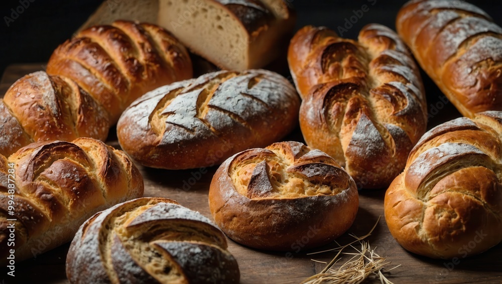 Collection of golden-brown artisan bread loaves on a wooden surface Collection of golden-brown artisan bread loaves on a wooden surface
