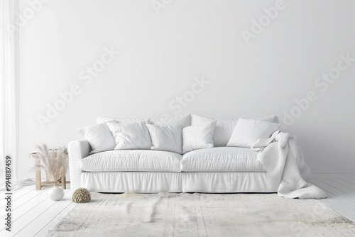 White minimalist living room interior with a comfortable sofa, for a clean and modern look. Perfect for interior design and home decor.