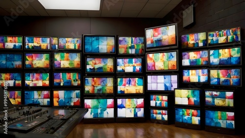 Wall of televisions displaying various color