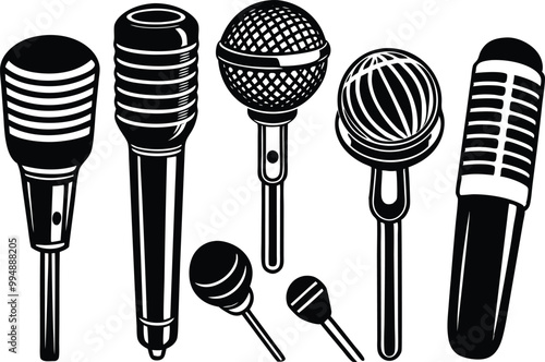 Set of microphones of different types. Audio recording tools. Vector illustration on black and white.