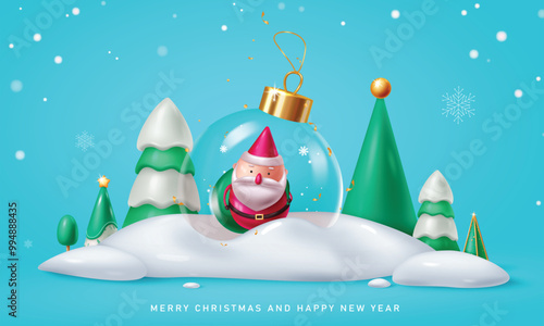Christmas glass ball vector design. Merry christmas and happy new year greeting text with snowman character in frost glass crystal ball and elegant pine tree elements for snow winter season background