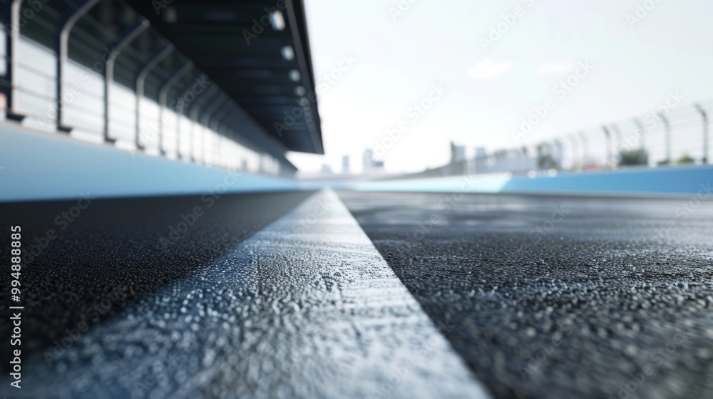 side view of modern and minimalistic racing track with the city background, black asphalt on left side, blue accents, sky is light grey, low angle shot, photo realistic, side view of modern and minimalistic racing track with the city background, black asphalt on left side, blue accents, sky is light grey, low angle shot, photo realistic,