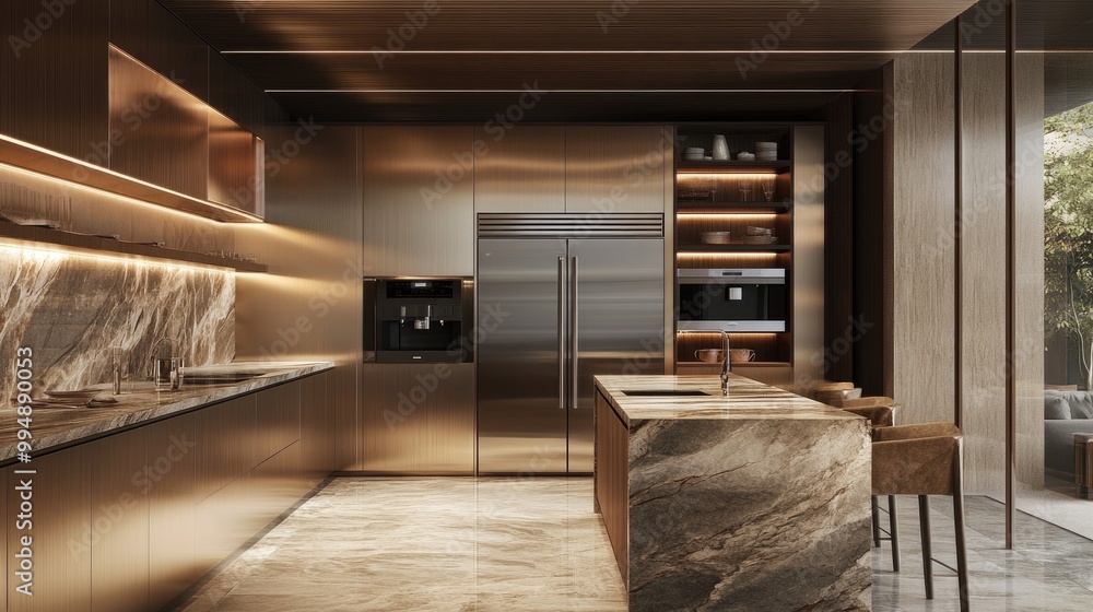 Fototapeta premium A modern kitchen filled with various materials, including marble countertops and stainless-steel appliances.