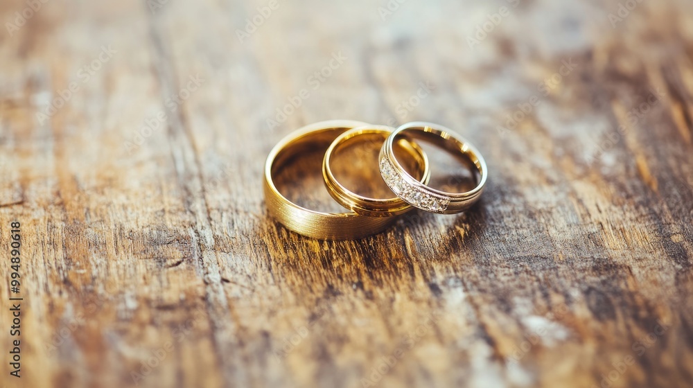 A pair of wedding rings placed together on a wooden table, symbolizing commitment and partnership A pair of wedding rings placed together on a wooden table, symbolizing commitment and partnership