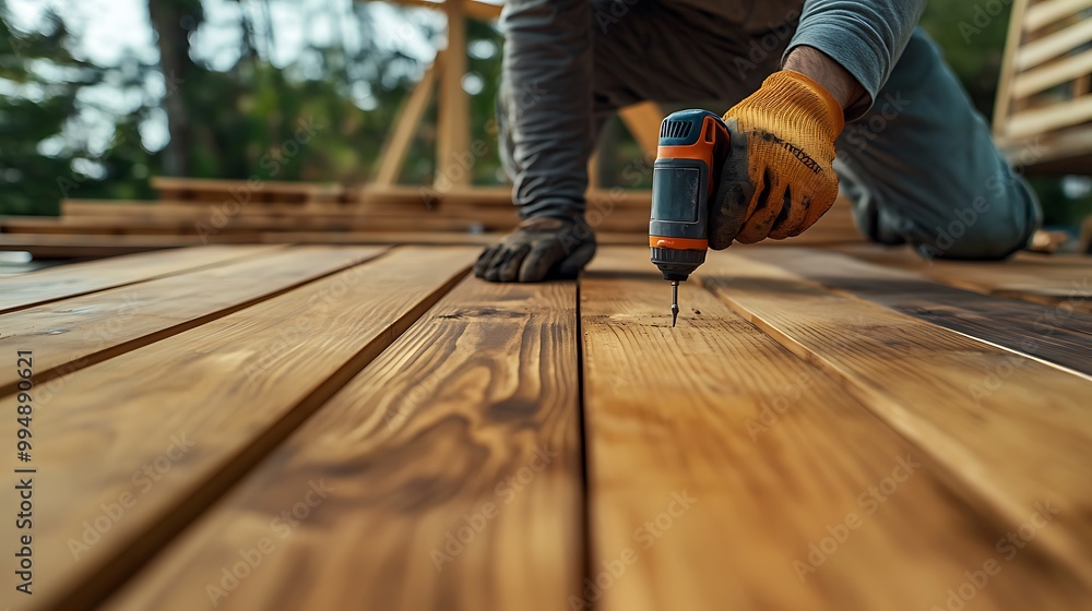 Close-Up of a Worker Using a Drill on a Wooden Deck Close-Up of a Worker Using a Drill on a Wooden Deck