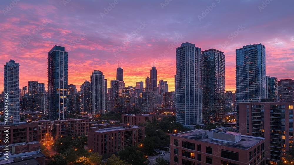 A panoramic skyline view at sunrise, with soft pink and orange hues illuminating the buildings and sky A panoramic skyline view at sunrise, with soft pink and orange hues illuminating the buildings and sky