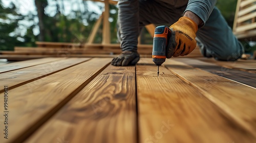 Close-Up of a Worker Using a Drill on a Wooden Deck