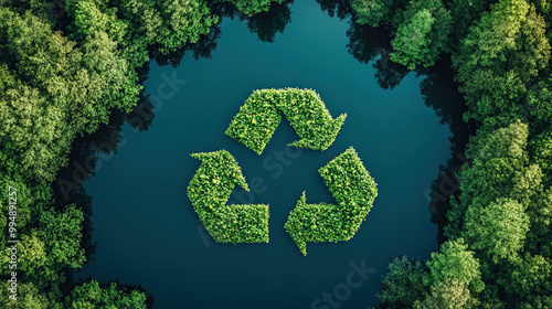 Fototapeta Naklejka Na Ścianę i Meble -  Aerial view of a green forest with a lake and the recycling symbol made from leaves