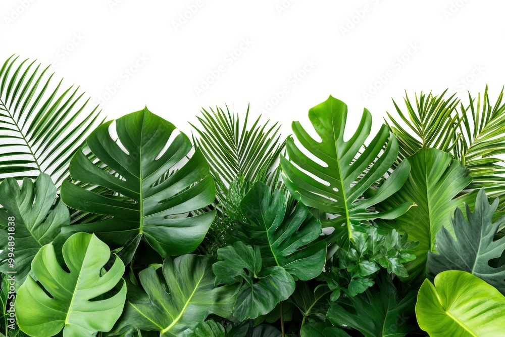 Obraz premium Green leaves of tropical plants bush (Monstera, palm, rubber plant, pine, birdâ€™s nest fern) floral arrangement indoors garden nature backdrop isolated on white background thailand, generative ai