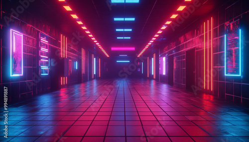 A retro-futuristic design with neon grids, VHS glitches, and pixelated elements, taking inspiration from 80s sci-fi movies and video games