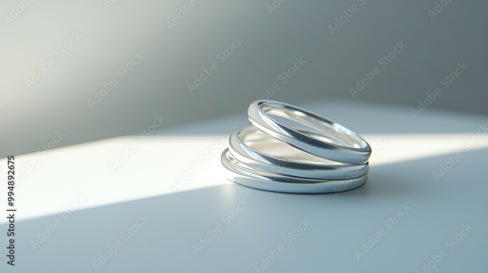 A stack of minimalist silver rings arranged on a flat white surface with clean, modern lighting. A stack of minimalist silver rings arranged on a flat white surface with clean, modern lighting.