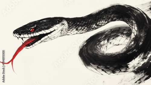 Black and white snake with red tongue and eyes. photo