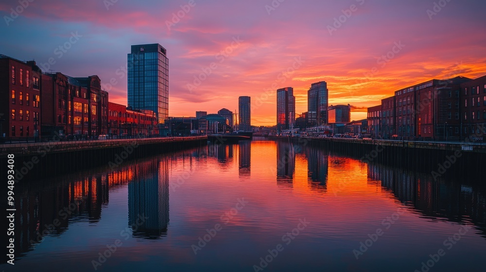 A stunning sunset view over a waterfront skyline, highlighting buildings reflected in the water as day turns to night. A stunning sunset view over a waterfront skyline, highlighting buildings reflected in the water as day turns to night.