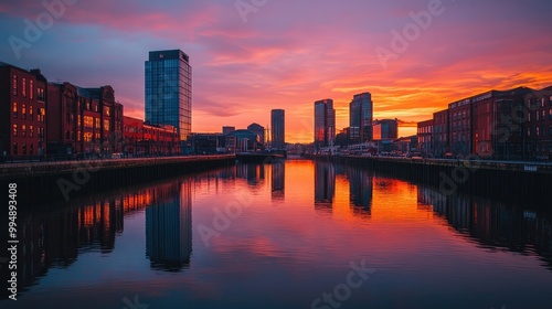Wallpaper Mural A stunning sunset view over a waterfront skyline, highlighting buildings reflected in the water as day turns to night. Torontodigital.ca