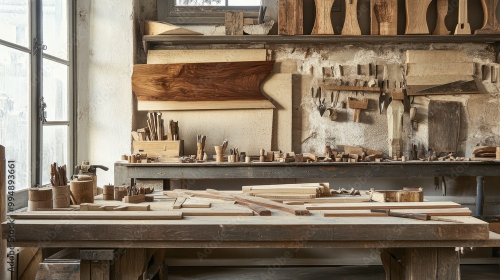 A table filled with woodworking materials, including planks and tools, showcasing the art of craftsmanship. A table filled with woodworking materials, including planks and tools, showcasing the art of craftsmanship.