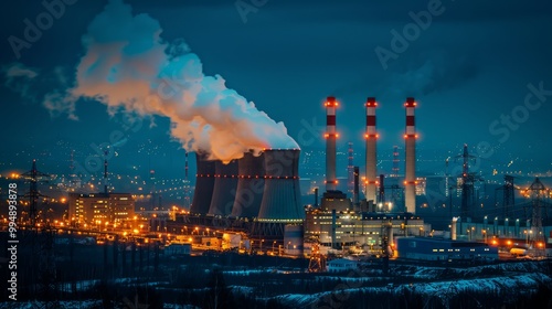 Illuminated Power Plant at Night with Smoke and Lights photo