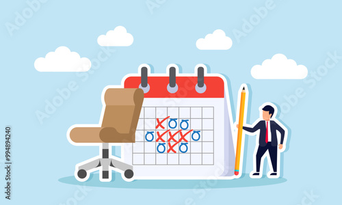 A businessman holding a pencil standing next to a calendar schedule and a work chair, an illustration of scheduling in a job to ensure no agenda is missed.