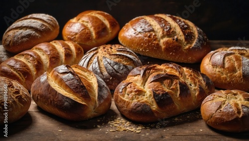 Variety of bread rolls with different textures and colors, no people visible