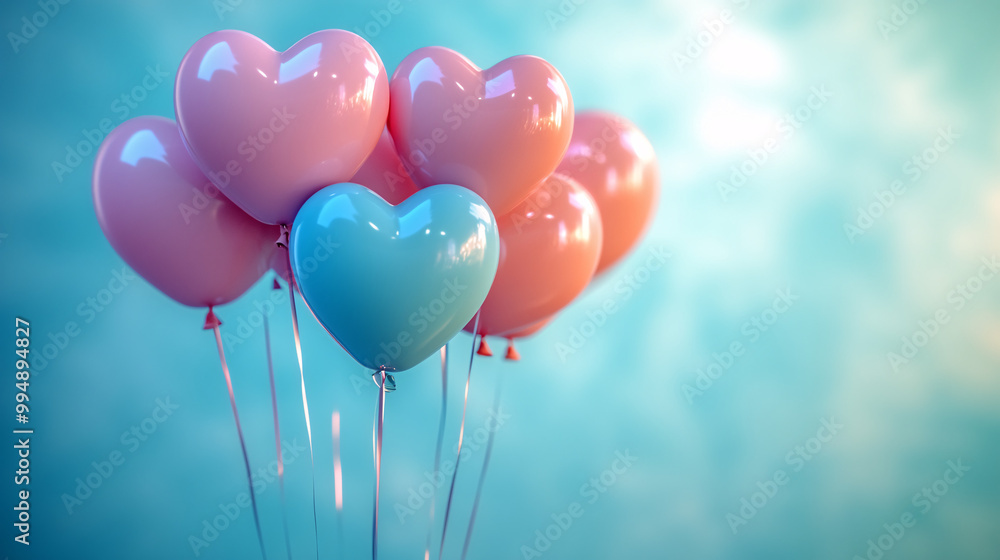Heart-shaped balloons in vibrant shades of pink against a gradient blue background, perfect for Valentine's Day and romantic celebrations. Heart-shaped balloons in vibrant shades of pink against a gradient blue background, perfect for Valentine's Day and romantic celebrations.
