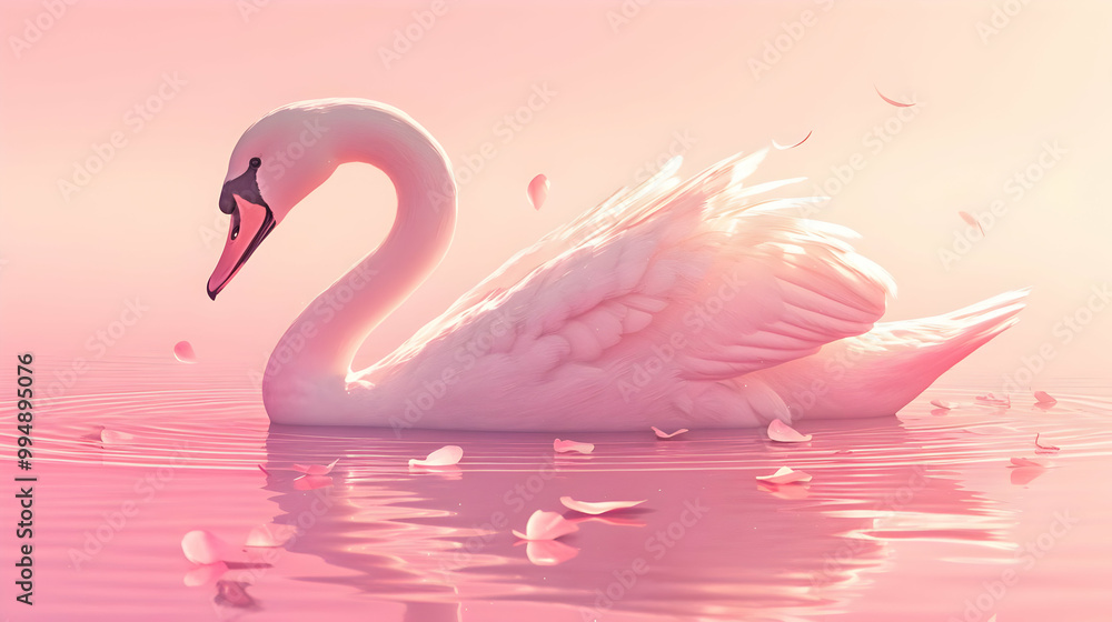 Fototapeta premium A Serene Swan Glides on Tranquil Pink Water with Floating Petals