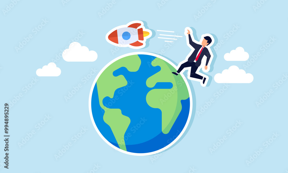 A businessman chasing a rocket soaring around the Earth, an illustration of closing the gap between conventional businesses and startups. A businessman chasing a rocket soaring around the Earth, an illustration of closing the gap between conventional businesses and startups.