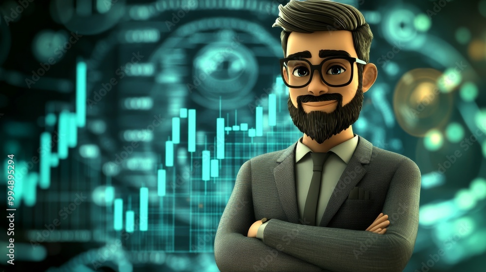 A man in a suit stands in front of a graph with a smile on his face A man in a suit stands in front of a graph with a smile on his face