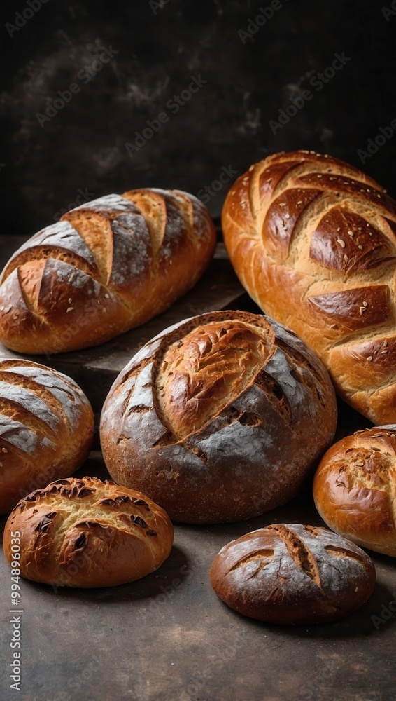Collection of freshly baked bread loaves with a golden-brown crust, no people Collection of freshly baked bread loaves with a golden-brown crust, no people
