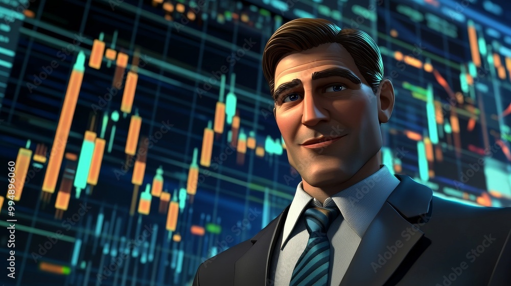 A man in a suit is smiling at a computer screen with a lot of numbers and lines A man in a suit is smiling at a computer screen with a lot of numbers and lines